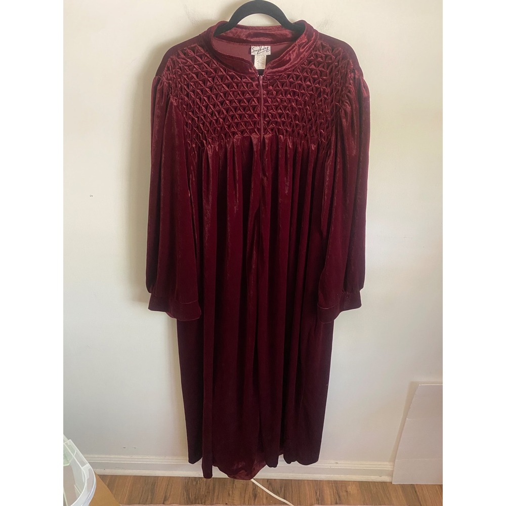 Saybury Womens Plus 3X Burgundy Velvet Smocked Zip Front Robe Long Housecoat